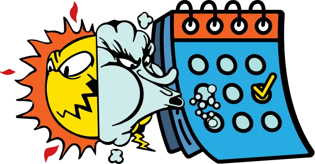 Illustration of a sun and a cloud with an angry face blowing on a calendar page, which has a checkmark on a date.