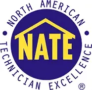 NATE logo featuring a blue circle with the words "North American Technician Excellence" and "NATE" in yellow stylized letters.