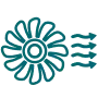 A green, stylized sunburst shape followed by horizontal lines, resembling text.