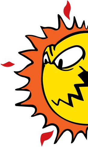 Illustration of an angry yellow sun with jagged edges and intense expression, surrounded by small red leaves.