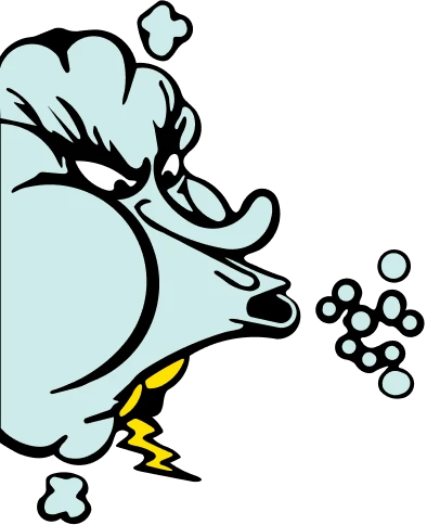 Cartoon of an angry wind face blowing air and small clouds, with a furrowed brow and pouty lips.