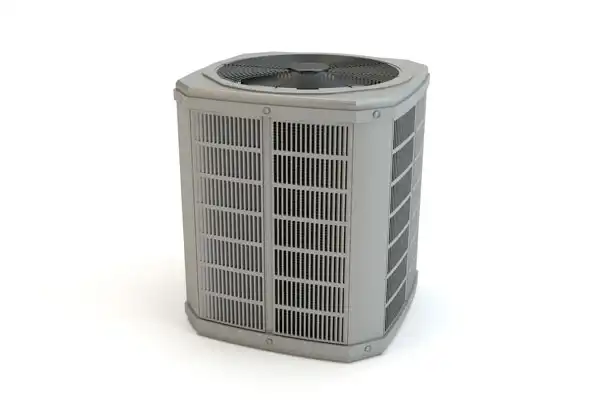 A gray outdoor air conditioning unit with a fan on top and vented sides.