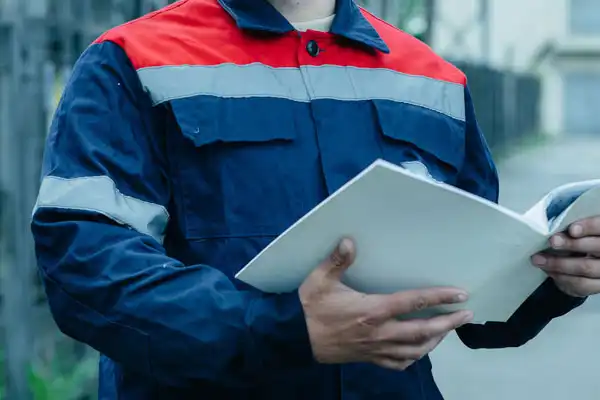 A person in a blue and red uniform holds a large open book or document outdoors.