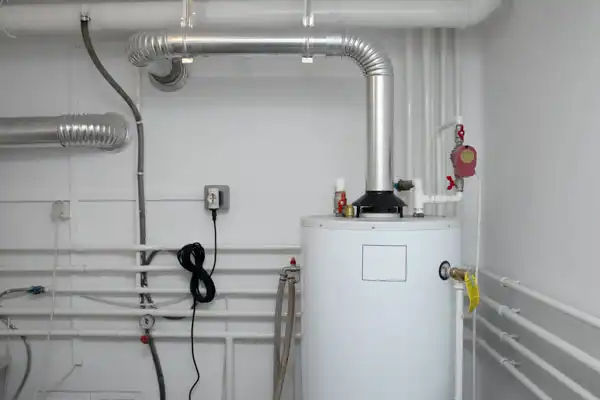 A utility room with a white cylindrical water heater surrounded by pipes and ventilation ducts on a white wall.