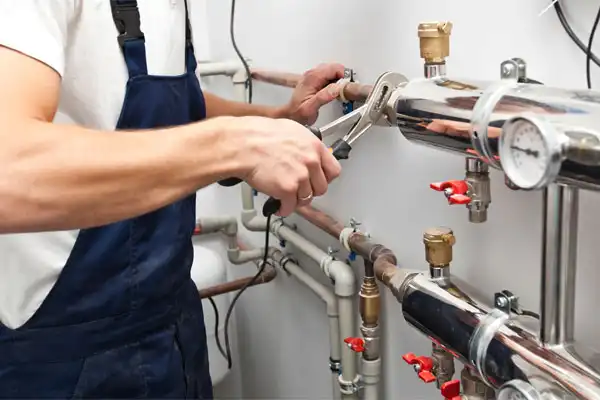 Person in blue overalls using a wrench to adjust pipes in a plumbing setup with valves and gauges.