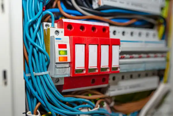 Close-up of an electrical panel showing blue wiring and four red circuit breakers.