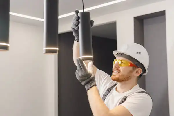 A worker wearing a hard hat and safety glasses installs a cylindrical ceiling light fixture in an indoor setting.
