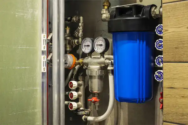A water filtration and plumbing system with gauges, valves, and a large blue filter installed in a cabinet.