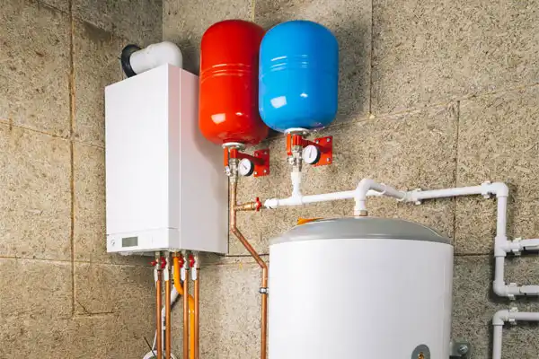 A boiler system with white and orange tanks, red and blue expansion vessels, and connected pipes is mounted on a textured wall.