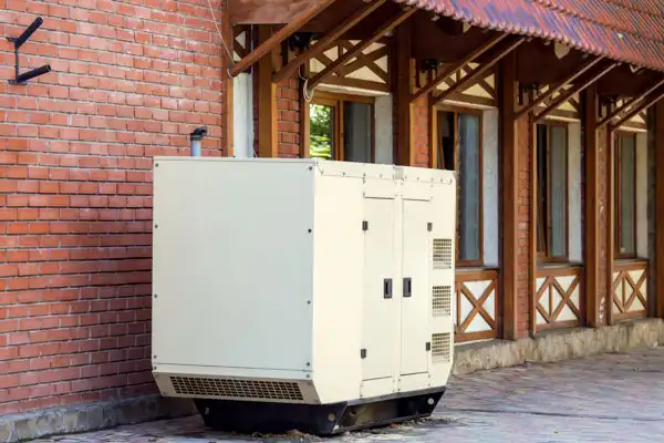 A large white outdoor generator is positioned against a red brick building with wooden trim and a tiled roof.