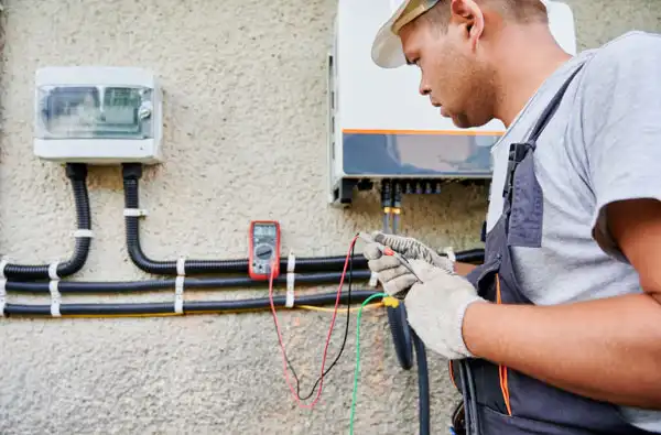 Technician in a cap and gloves uses a multimeter to test electrical wiring on a building exterior.