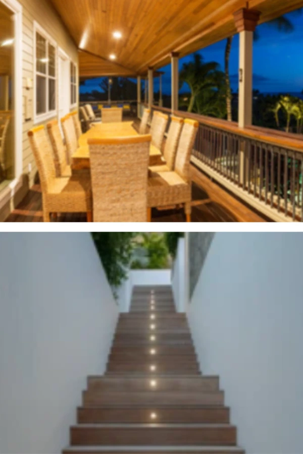 Top: Outdoor dining area with wicker chairs on a covered wooden deck. Bottom: Wooden stairs with built-in lights set between white walls, leading upward.