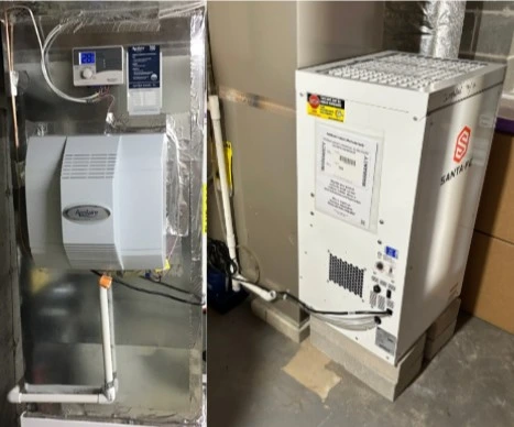 Photo shows an Aprilaire humidifier mounted on a wall (left) and a Santa Fe dehumidifier unit placed on a basement floor (right), both connected with pipes.