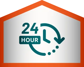 Icon of a clock with an arrow circling it, the numbers "24" and the word "HOUR" indicating 24-hour service, all inside an orange-edged house shape.