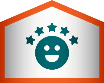 A teal smiling face with five stars above it is centered inside an orange-outlined pentagon on a white background.
