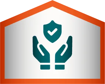 Two hands holding a shield with a check mark inside, enclosed in an orange-outlined house shape.