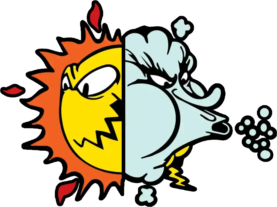 Illustration of an angry sun on the left and an angry cloud blowing wind on the right, split down the middle with a black background.