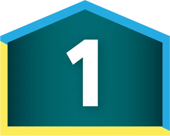 A white number 1 centered on a teal background with a blue and yellow house-shaped border, symbolizing top financing options.