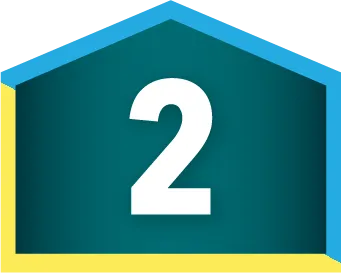 A white number 2 centered on a dark teal pentagon with blue and yellow borders, representing step two in exploring finance options.