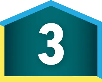 A large white number 3 centered inside a green house-shaped background with blue and yellow borders, symbolizing flexible finance options.