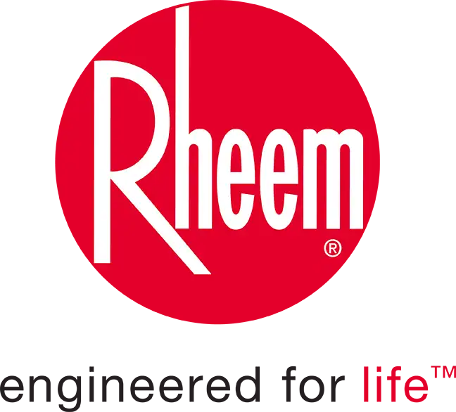 Rheem logo featuring the word "Rheem" in white, stylized text on a red oval background.