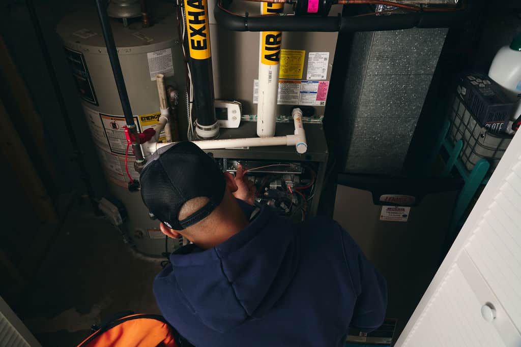 A person wearing a black cap and blue hoodie repairs or inspects a furnace in a utility room, with pipes, a water heater, and various equipment visible—showcasing the expertise often needed for reliable gas line services in Nashoba Valley.