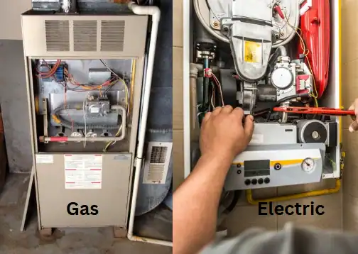 Side-by-side comparison of a gas furnace on the left and an electric furnace being serviced on the right; both units have labels identifying them.