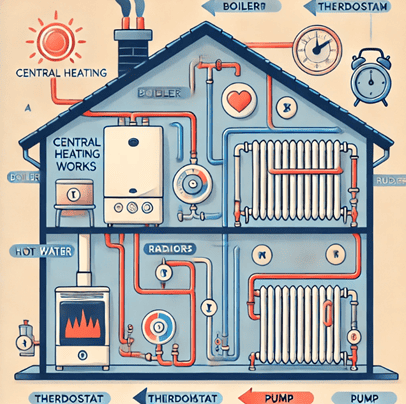 An infographic showing the internal layout of a residential central heating system, including boilers, radiators, thermostats, and piping connections.